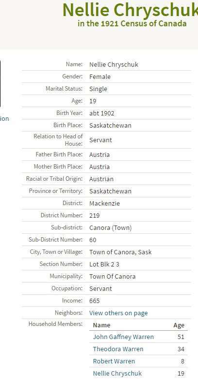 IMAGE from 1921 Canada Census for Warren Family servant